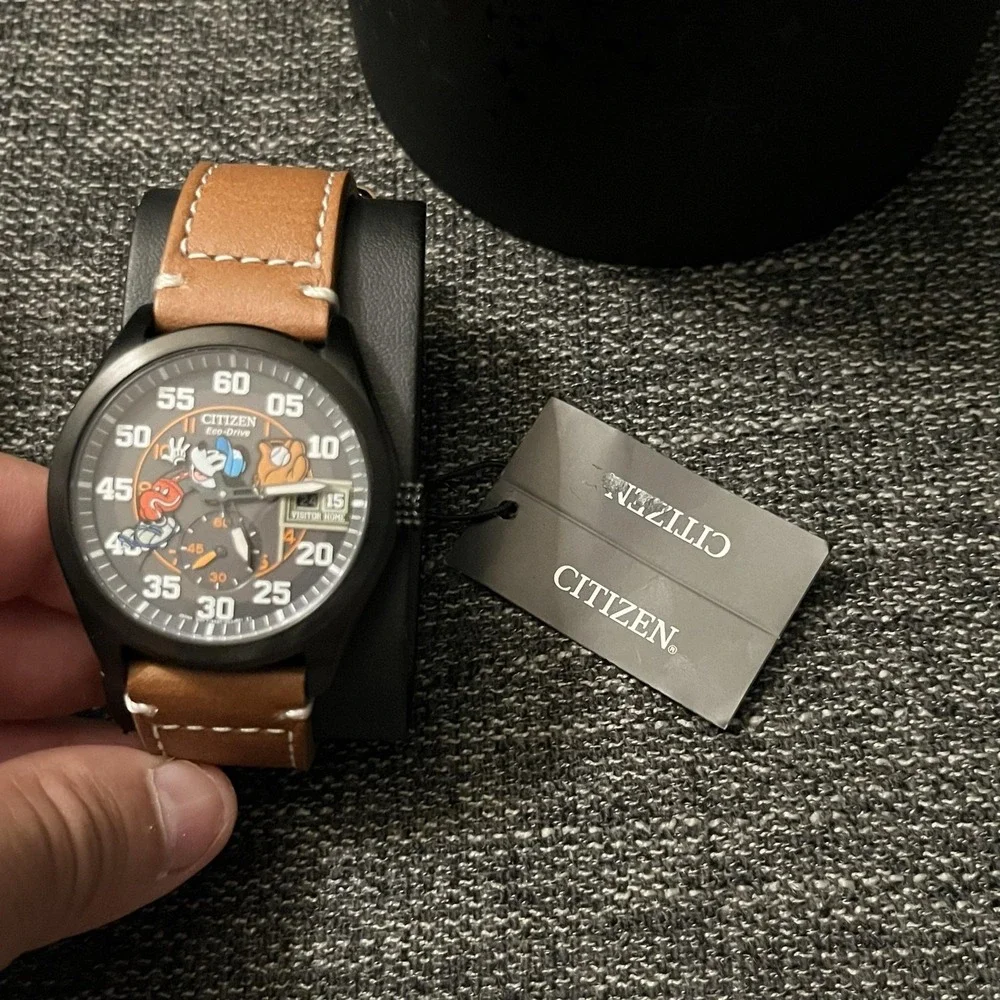 Citizen Eco-Drive Mickey Sport Watch Mens 44mm Gray Dial Brown Leather New Box